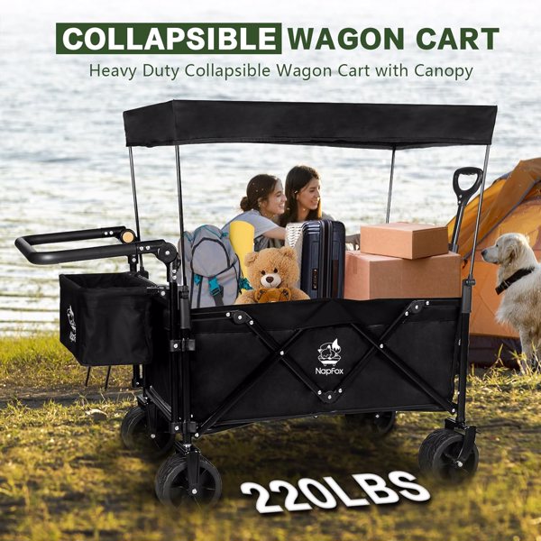 Collapsible Wagon Heavy Duty Wagons Carts Foldable with Removable Canopy, Foldable Wagon Cart with Wheels for All-Terrain with Brake, for Camping Beach Shopping 