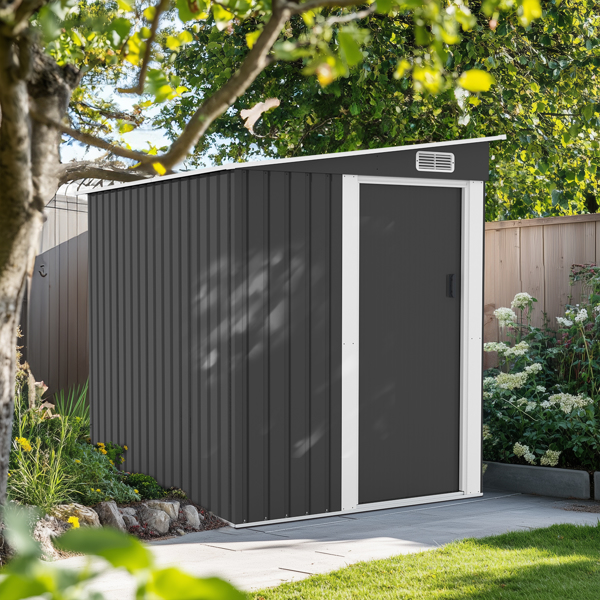 5*7FT Outdoor Storage Shed, Metal Garden Storage House with Slanted Roof & Double Sliding Doors for Backyard Outdoor Patio, Black