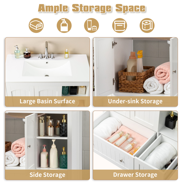 Without Basin White MDF spray paint double door double drawer with decorative strips bathroom cabinet 91*46*82cm