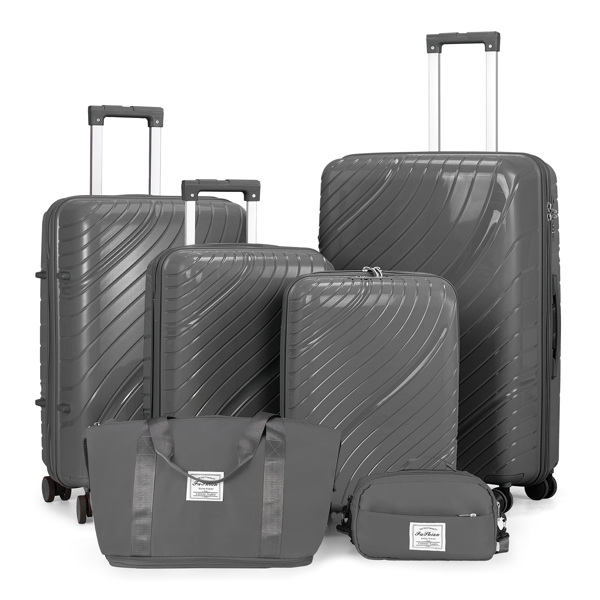 4-Piece Luggage Set with 2 Handbags & 8-Piece Toiletry Kit – Durable PP Suitcase (18in/20in/24in/28in) + 30L Travel Tote + 3L Crossbody Wash Bag – Iron Telescopic Handle – Dark Gray