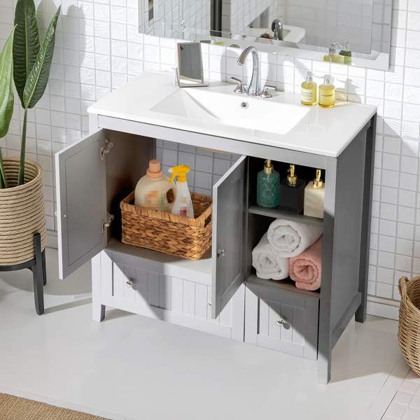 With Basin Grey MDF Lacquered Double Door & 2-Drawer Bathroom Vanity Cabinet with Decorative Molding - 91x46x82cm