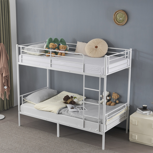 【Same Code：99091194】Twin Over Twin Bunk Bed for Kids Teens Adults, Heavy Duty Metal Bunk Bed with Ladder & Full-Length Guard Rail & Storage Space, White