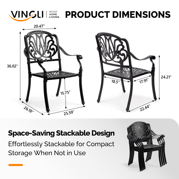 Patio Chairs Set of 2 - Stackable Outdoor Cast Aluminum Dining Chairs with Vintage Black Finish and Floral pattern, Metal Armchairs for Poolside, Backyard, Balcony (No cushion)