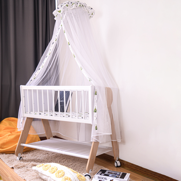 Wooden Bedside Bassinet Sleeper，Safe & Stylish Baby Crib Bassinet with Locking Wheels, Mosquito Net, Large Storage Basket, Mattress Pad Included, Bassinet for Newborn and Infants
