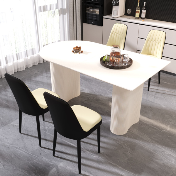 63 "medieval modern cream style MDF dining table and PU dining chair set 4. Assemble Desktop and black metal leg dining chair set, suitable for home&kitchen 