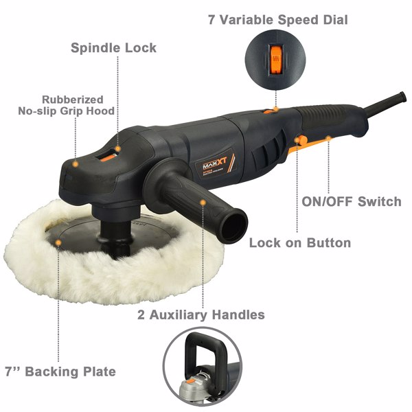 Car Buffer Polisher Rotary Variable Speed Car Polishing Machine 7 Inch Car Detailing Kit with D and Side Handle, Woolen fleece hood, Terry polishing bonnet, Sanding discs[Unable to ship on weekends]
