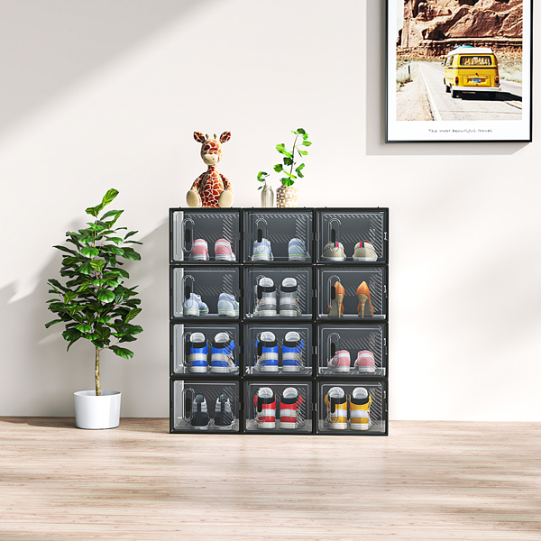 12-Piece Medium Black Plastic Mesh Shoe Box Set - 35.00*25.00*19.00cm, Modular Design for Home Storage