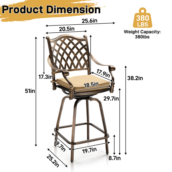 Outdoor Swivel Bar Stools Set of 2, Cast Aluminum Patio Bar Height Chairs, All-Weather Bar Dining Chairs Outdoor Swivel Chairs Furniture (Grid Back)