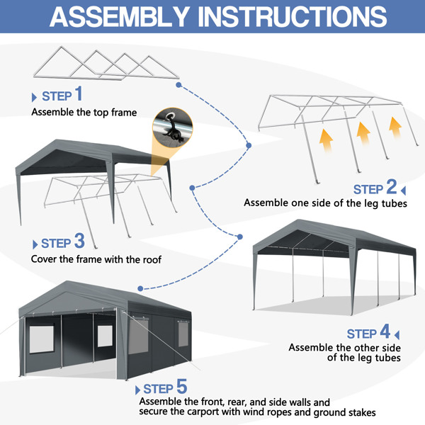 12x20 ft Carport Car Port Canopy Grey