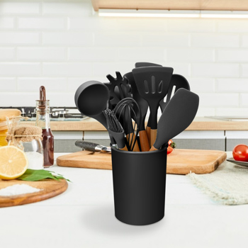 11Pcs Silicone Cooking Utensil Set Heat Resist Wooden Handle Silicone Spatula Ladle Spaghetti Server Tongs Spoon Egg whisk Kitchenware Set w/ Holder