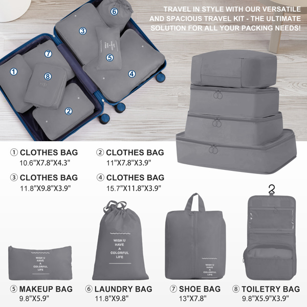 4-Piece Luggage Set with 2 Handbags & 8-Piece Toiletry Kit – Durable PP Suitcase (18in/20in/24in/28in) + 30L Travel Tote + 3L Crossbody Wash Bag – Iron Telescopic Handle – Dark Blue