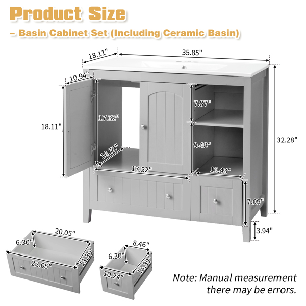 With Basin Grey MDF Lacquered Double Door & 2-Drawer Bathroom Vanity Cabinet with Decorative Molding - 91x46x82cm