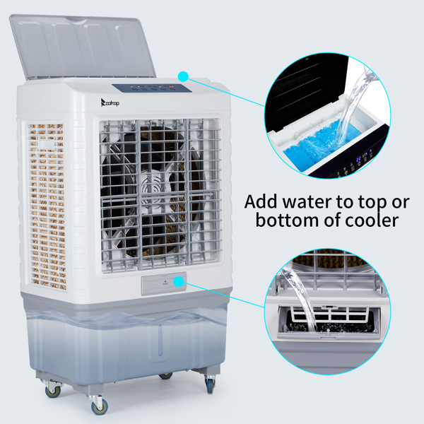 3 in 1 Portable Evaporative Cooler With dust filter,Indoor,Outdoor,4118CFM Personal Air Cooler with remote control and LCD screen,13.2 Gal Large Water Tank & Scroll Casters, 4 Ice Packs,White