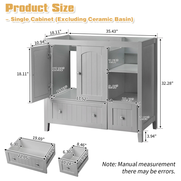 With Basin Grey MDF Lacquered Double Door & 2-Drawer Bathroom Vanity Cabinet with Decorative Molding - 91x46x82cm