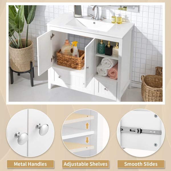 Without Basin White MDF spray paint double door double drawer with decorative strips bathroom cabinet 91*46*82cm