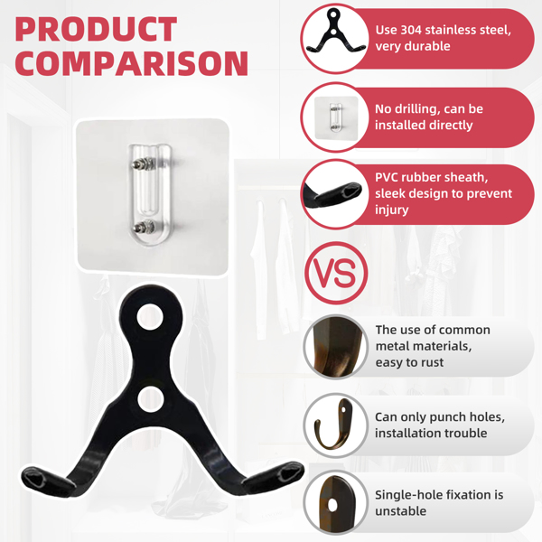 Stainless steel double-hung hooks for multi-functional use in bathroom entrance, living room and other areas.