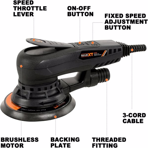 Electric 5mm Random Orbital Sander Brushless 350W 3A Multi-function Variable Speed Electric Corded Orbital Sanders Machine with 10 Sanding Paper for Woodworking (R7303-5.0mmOrbit)[Unable to ship on we
