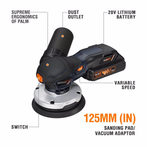 Cordlees Random Orbital Sander, Burshless 20V Electric Sander, 7 Variable Speed Palm Sander, 4000-10000RPM, Dust Collector, Portable Sander Tools Kit for Woodworking（Battery Included）[Unable to ship o