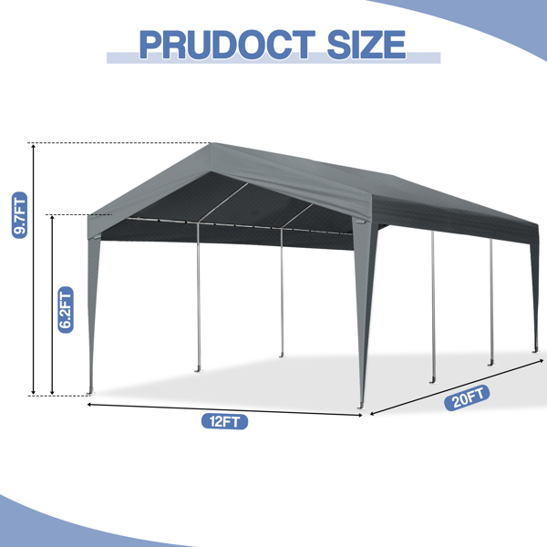 12X20FT  Carport Car Port Canopy Grey without Sidewalls