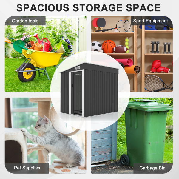 5*7FT Outdoor Storage Shed, Metal Garden Storage House with Slanted Roof & Double Sliding Doors for Backyard Outdoor Patio, Black