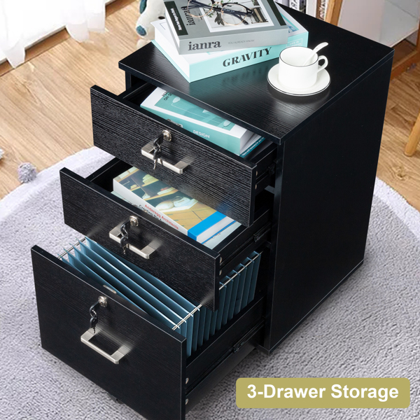 FCH Black Wood Grain Density Board Three Drawers Wooden Filing Cabinet
