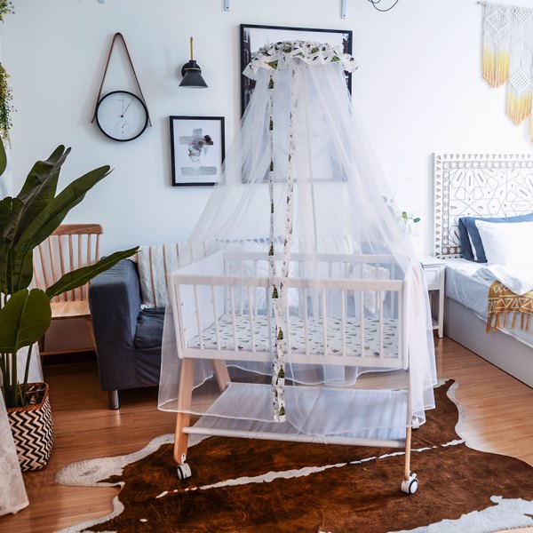 Wooden Bedside Bassinet Sleeper，Safe & Stylish Baby Crib Bassinet with Locking Wheels, Mosquito Net, Large Storage Basket, Mattress Pad Included, Bassinet for Newborn and Infants
