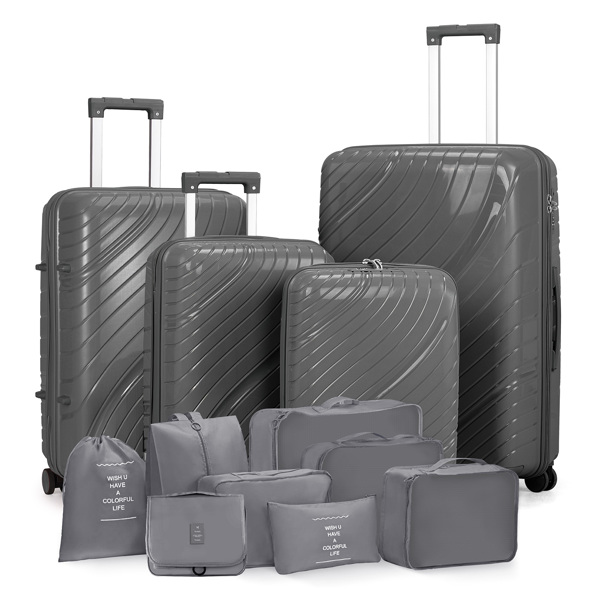 4-Piece Luggage Set with 2 Handbags & 8-Piece Toiletry Kit – Durable PP Suitcase (18in/20in/24in/28in) + 30L Travel Tote + 3L Crossbody Wash Bag – Iron Telescopic Handle – Dark Gray