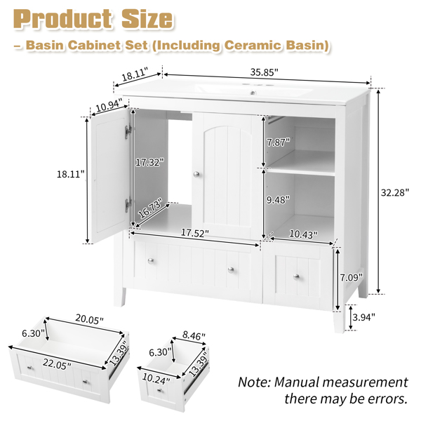 White MDF spray paint double door double drawer with decorative strips bathroom cabinet 91*46*82cm