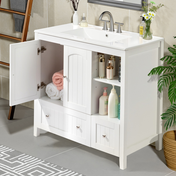 Without Basin White MDF spray paint double door double drawer with decorative strips bathroom cabinet 91*46*82cm