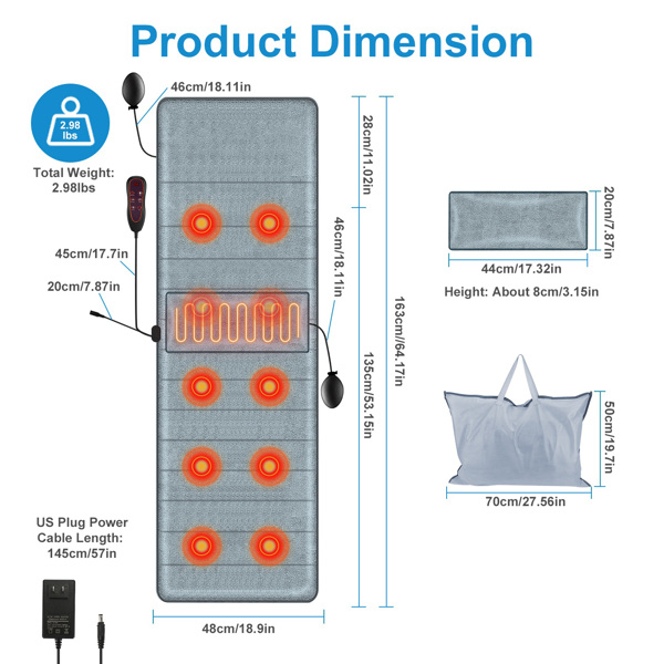 Full Body Electric Massage Mat with Heat Vibration Massage Pad Cushion Back Massage Mattress Chair Pad with Inflatable Head Pillow Lumbar Pillow with 10 Vibration Motors 3 Timers