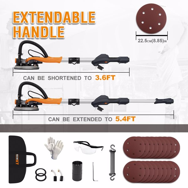 Drywall Sander with Vacuum Dust Collection, 6 Variable Speed Foldable Telescopic Electric Wall Sander, Popcorn Ceiling Removal Tool, 1900RPM Power Sander Tool, LED Light, 18Pcs Sanding Discs[Unable to