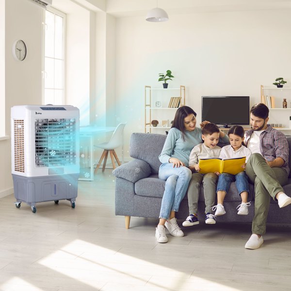 3 in 1 Portable Evaporative Cooler With dust filter,Indoor,Outdoor,4118CFM Personal Air Cooler with remote control and LCD screen,13.2 Gal Large Water Tank & Scroll Casters, 4 Ice Packs,White