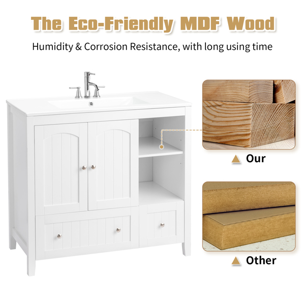 Without Basin White MDF spray paint double door double drawer with decorative strips bathroom cabinet 91*46*82cm