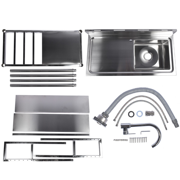 39.4in Stainless Steel Utility Right Sink, Single Bowl Sink for Kitchen, Garage, Right Sink Left Platform Commercial Sink w/ Shelves with Hot and Cold Water Faucet