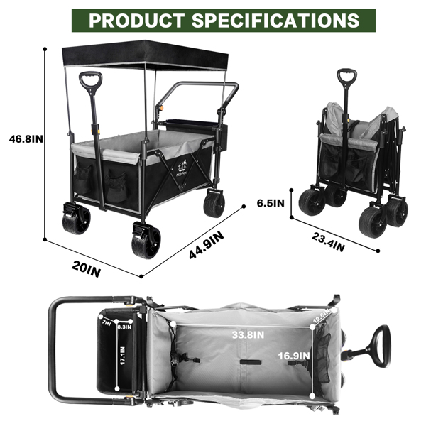 Heavy Duty Collapsible Wagon, Foldable Wagon with Removable Canopy, Foldind Wagon Cart with Wheels for All-Terrain with Brake, for Beach Camping Shopping