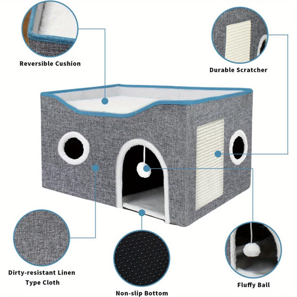 Extra-Wide Cat House for Indoor Cats - Large Cat Cave for Pet Cat House with Fluffy Ball Hanging and Scratch Pad, Foldable Cat Hideaway for Multi Cats(Amazon Logistics bans Wal Mart platform)