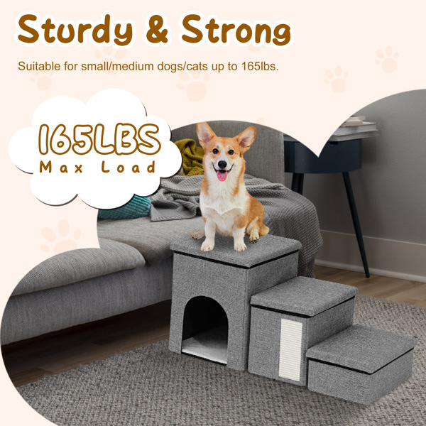 Dog Stairs for Bed and Couch 42cm H, Foldable Dog Stairs for Small Older Dogs Cats, 4 in 1 Adjustable Pet Cat Stairs Steps with Storage, Dog Ramps with Condo, Cat Scratcher, Hold Up to 180LBS