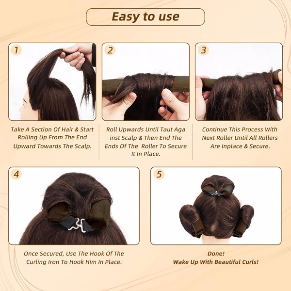 Overnight Heatless Hair Curler, Heatless Curls Satin Flexi Rods with Hook, Versatile Curling Tool for All Hair Types - Brown