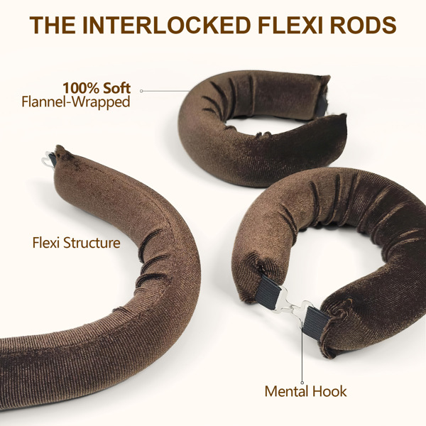 Overnight Heatless Hair Curler, Heatless Curls Satin Flexi Rods with Hook, Versatile Curling Tool for All Hair Types - Brown