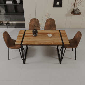 59\\" MDF natural wood dining table and modern dining chair set of 4 pieces, medieval wooden kitchen dining table set, black rectangular metal base, dining table and suede chair set 