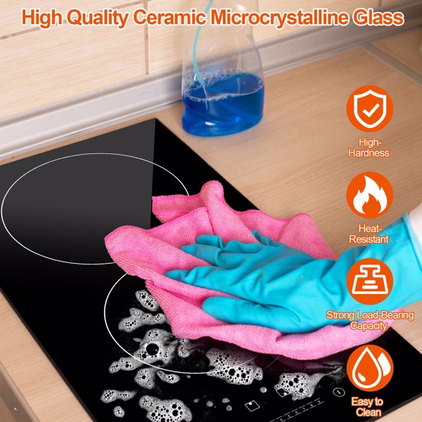 Dual Induction Burners Electric Cooktop 110V Total 1900W Electric Stove Built-in Electric Ceramic Stove with Timer Setting 9 Firepower Levels Over Heating Protection