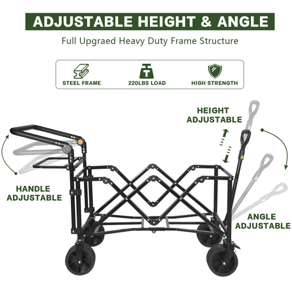 Heavy Duty Collapsible Wagon, Foldable Wagon with Removable Canopy, Foldind Wagon Cart with Wheels for All-Terrain with Brake, for Beach Camping Shopping