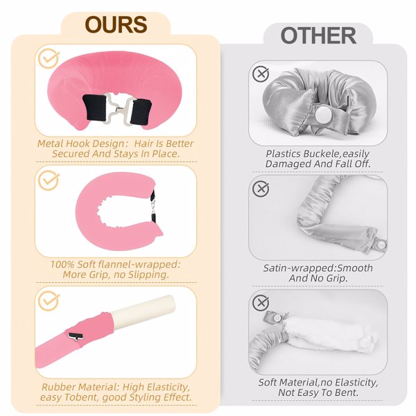 Overnight Heatless Hair Curler, Heatless Curls Satin Flexi Rods with Hook, Versatile Curling Tool for All Hair Types - Pink
