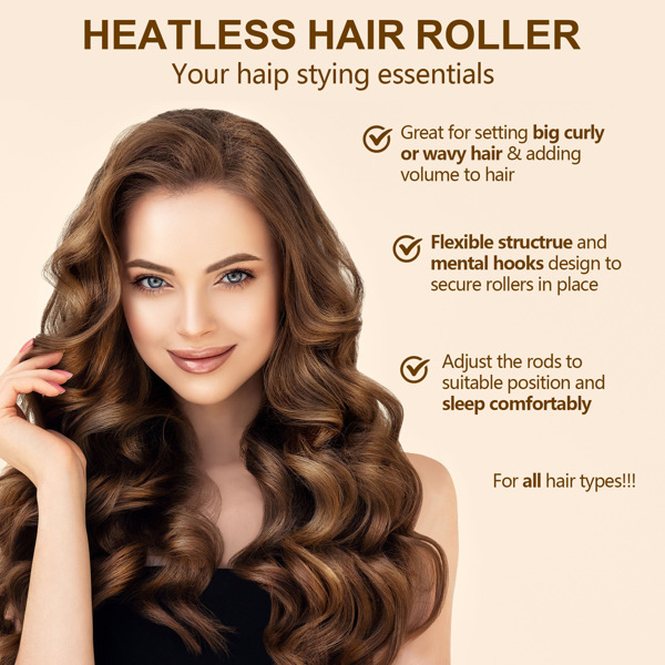 Overnight Heatless Hair Curler, Heatless Curls Satin Flexi Rods with Hook, Versatile Curling Tool for All Hair Types - Pink