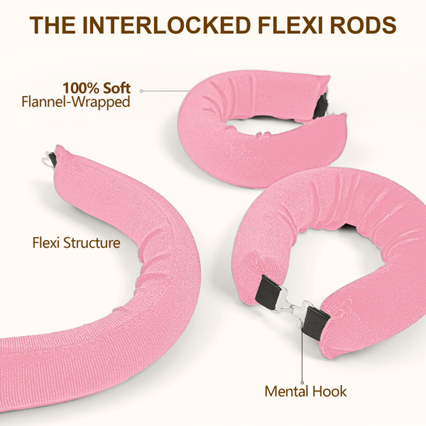Overnight Heatless Hair Curler, Heatless Curls Satin Flexi Rods with Hook, Versatile Curling Tool for All Hair Types - Pink