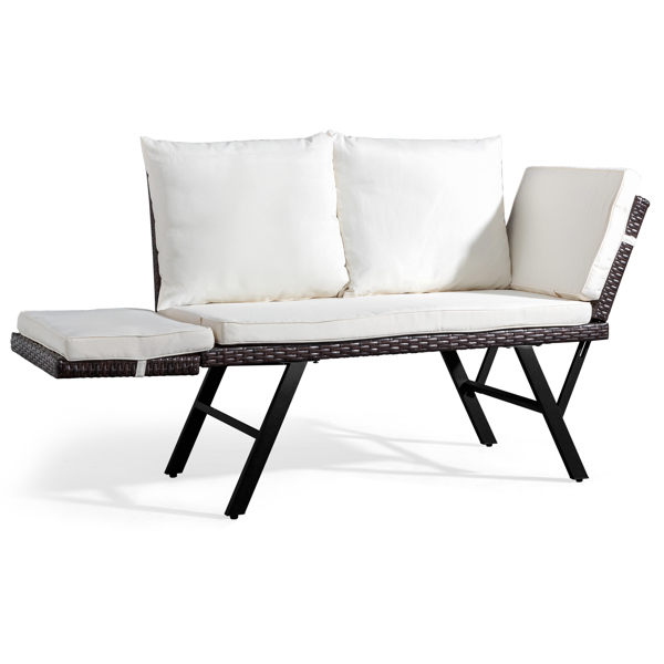 Outdoor Sofa, Woven Rattan Patio Furniture, Convertible Daybed or Double Chair with Adjustable Armrests, Cushions and Pillows for Yard Porch Pool, Gray Lounger & Beige Cushion