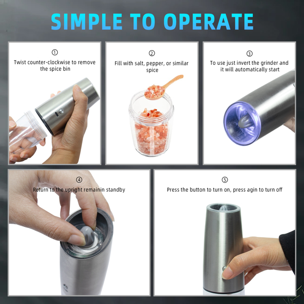 Electric Salt and Pepper Grinder Set, Saicefe USB Rechargeable Salt and Pepper Mill & Adjustable Coarseness, Automatic Salt Grinders Spice Shakers with LED Light, One Hand Operation (亚马逊物流  禁售沃尔玛平台)