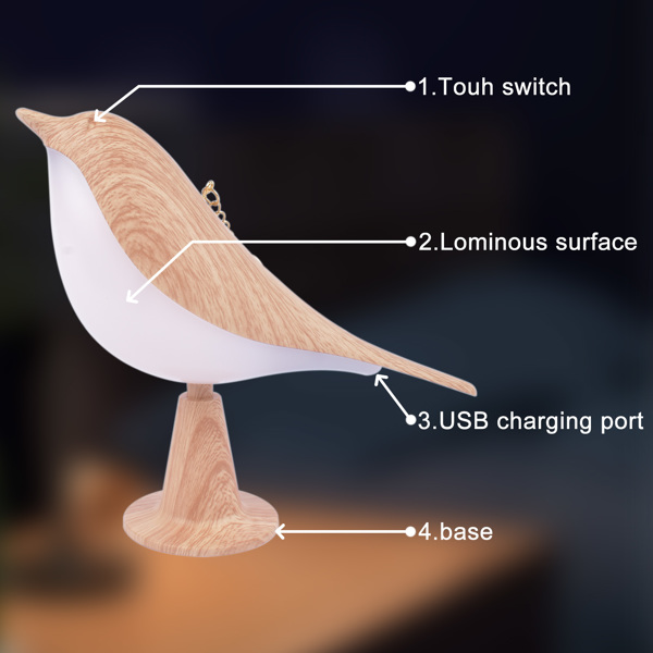 Touch Bird LED Table Lamp Cordless Desk Light 3 Level Brightness 6W USB Charging