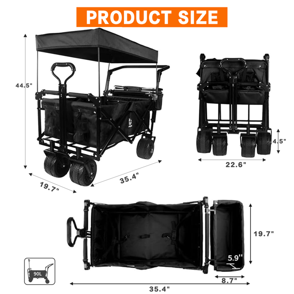 Foldable Wagon with Removable Canopy & Cooler Bag - Heavy Duty Collapsible Wagon Utility Cart with 4