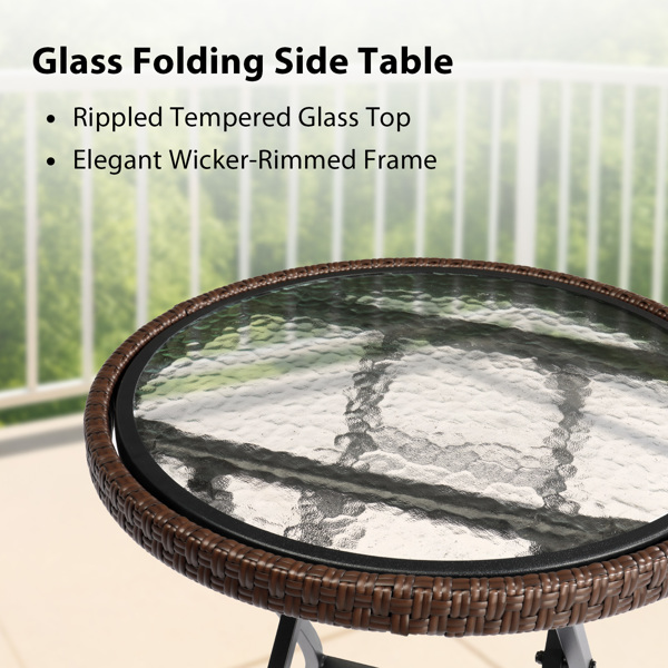 Outdoor Side Table, Round Rattan Patio Side Table, Small Foldable Wicker Table with Tempered Glass Table Top for Lawn Garden Balcony Porch Deck Pool, Brown